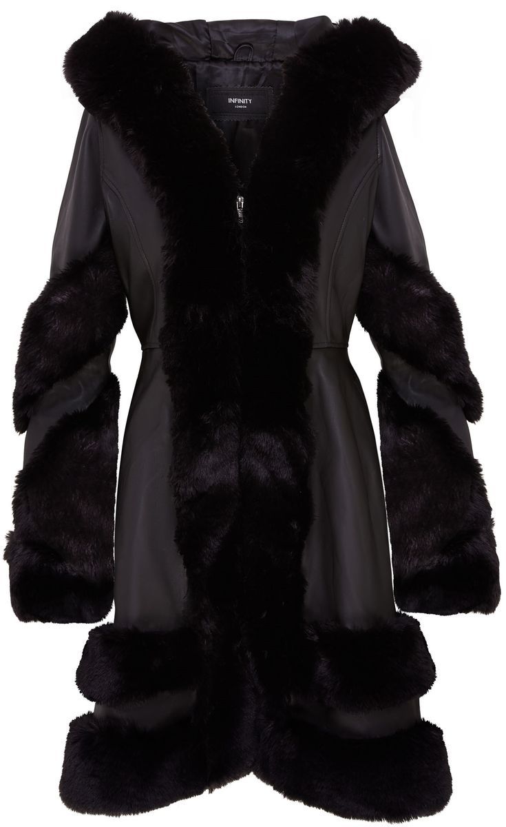 Schwarzer Leder Cape Mantel mit Pelzbesatz
