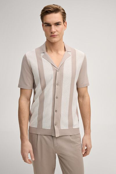 Joop! Galvo Strickshirt Sand/Creme gestreift Offener Kragen