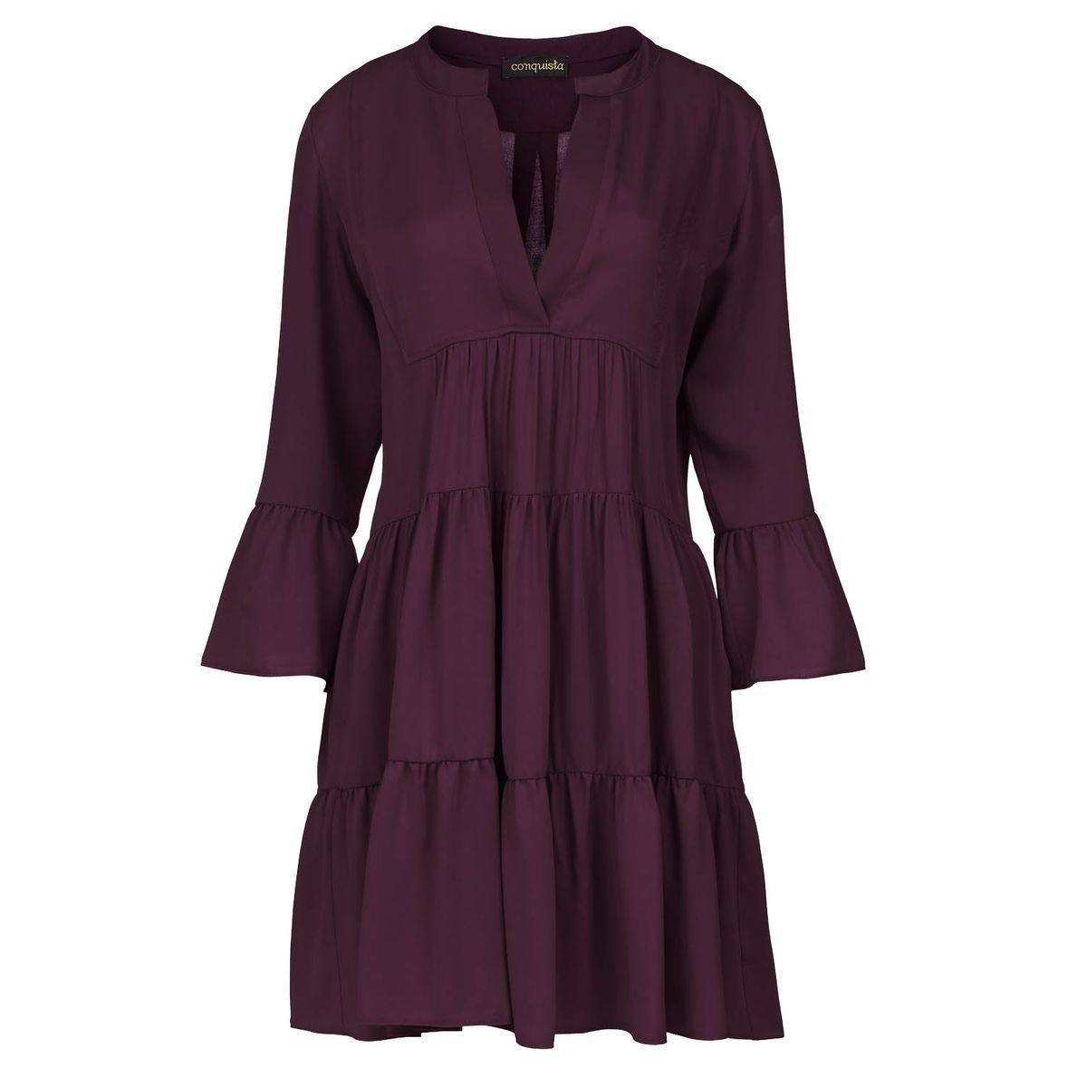 Dunkelburgundrotes Stufenkleid aus Tencel mit Glockenärmeln