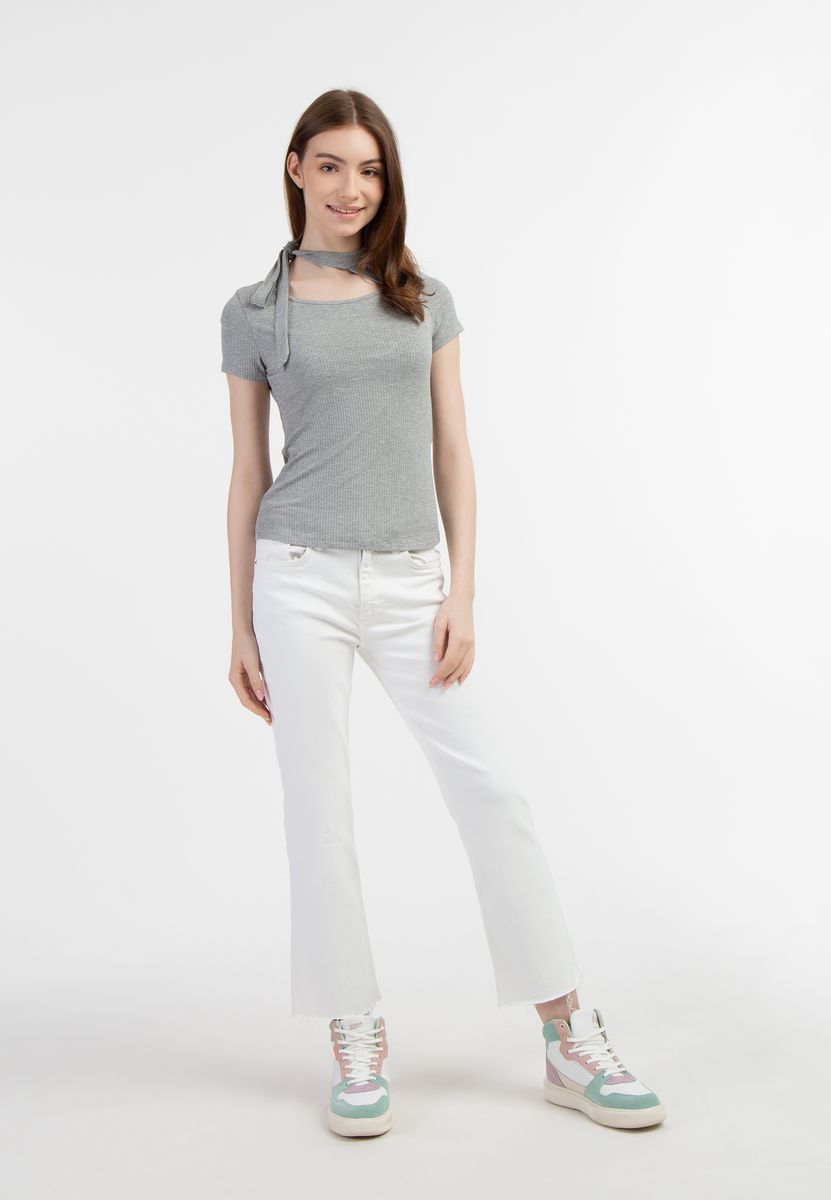 Rippstrick-Top mit Cut-Out und Bindeband