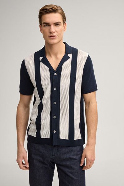 Galvo Strickshirt in Navy und Weiß gestreift mit Kragen