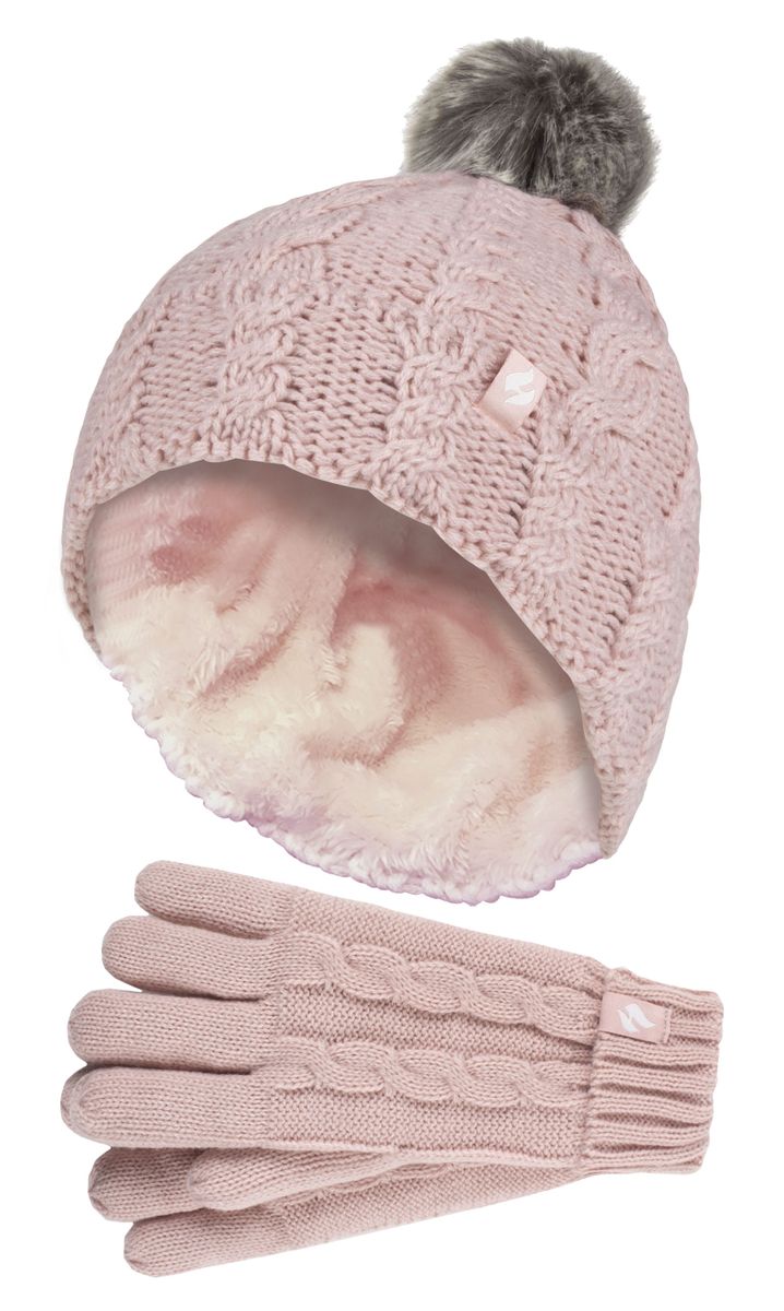 Wärmehalter - Mädchen Bommel Pom Pom Mütze und Handschuhe Set | Turn Over Cuff Hat & Cable Knit Gloves Style - Dusky Pink