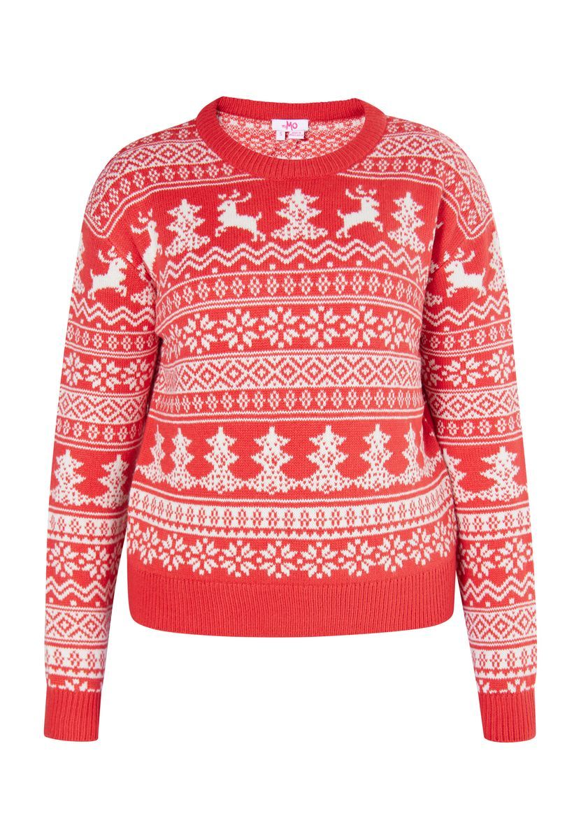 Weihnachtlicher Strickpullover mit Rentier und Baum