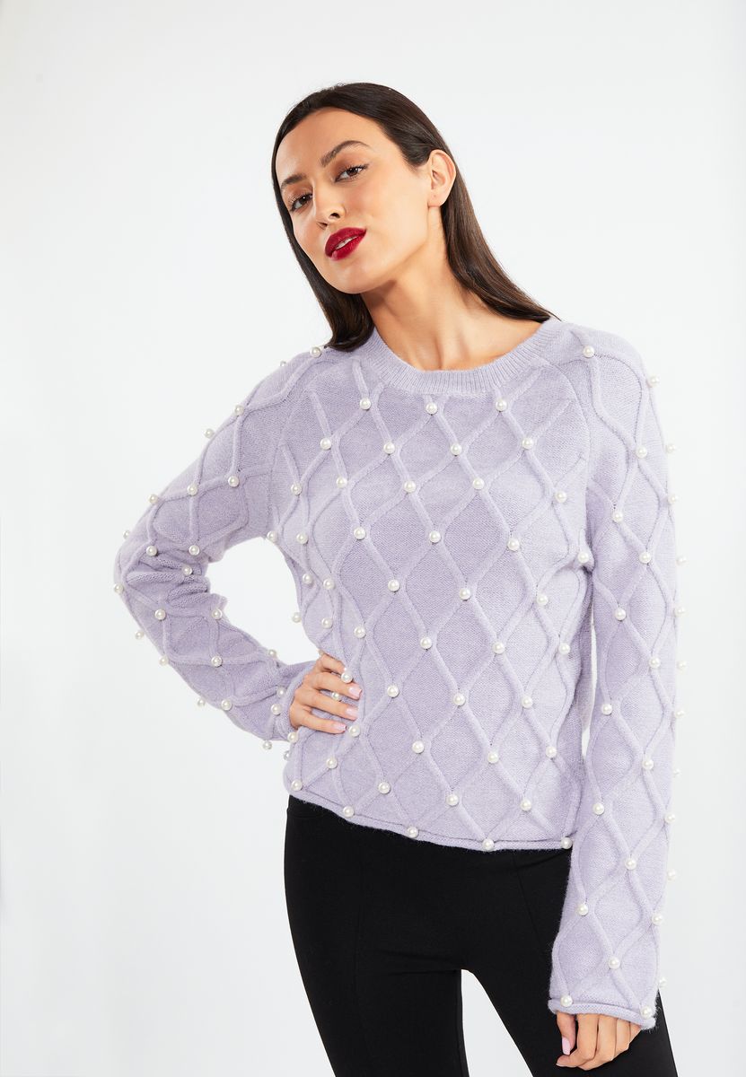 Perlenbesetzter Strickpullover mit Rautenmuster