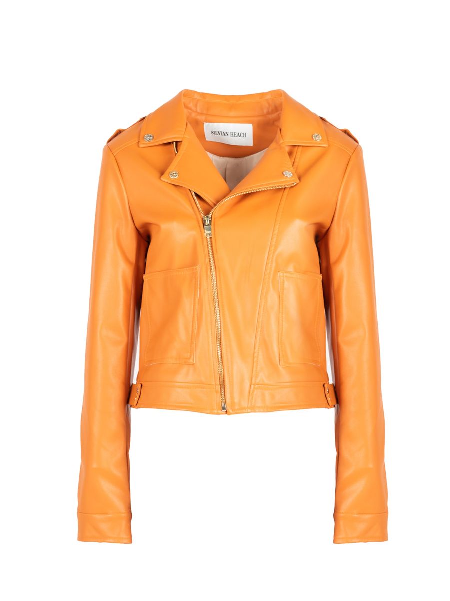 Orange Kunstleder Bikerjacke