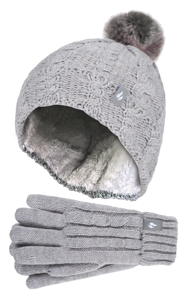 Wärmehalter - Set aus Bommelmütze und Handschuhen für Mädchen | Mütze mit umgeschlagener Manschette und Kabelstrickhandschuhe - Frostgrau meliert