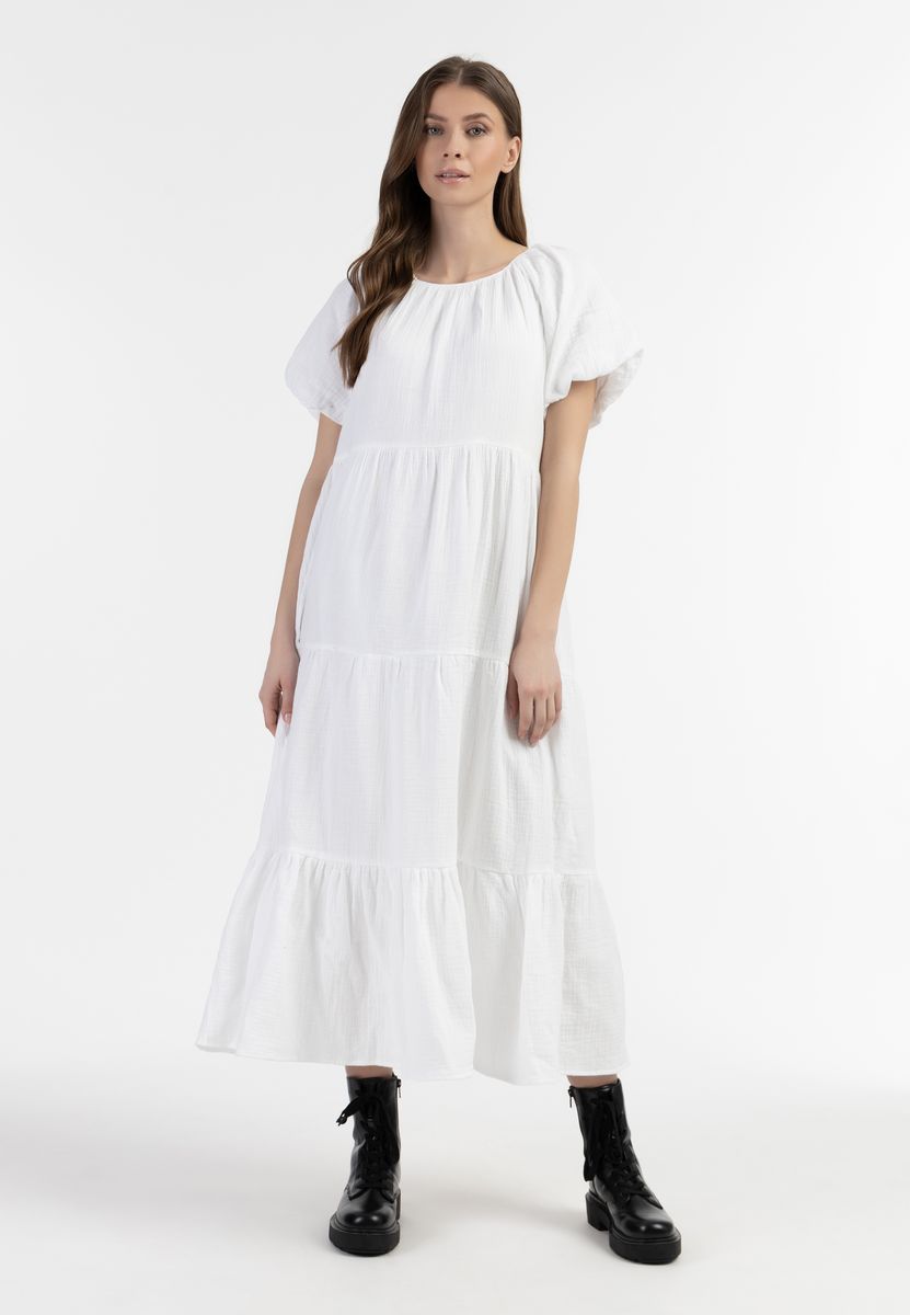 Gestuftes Baumwoll-Maxikleid mit Ballonärmeln