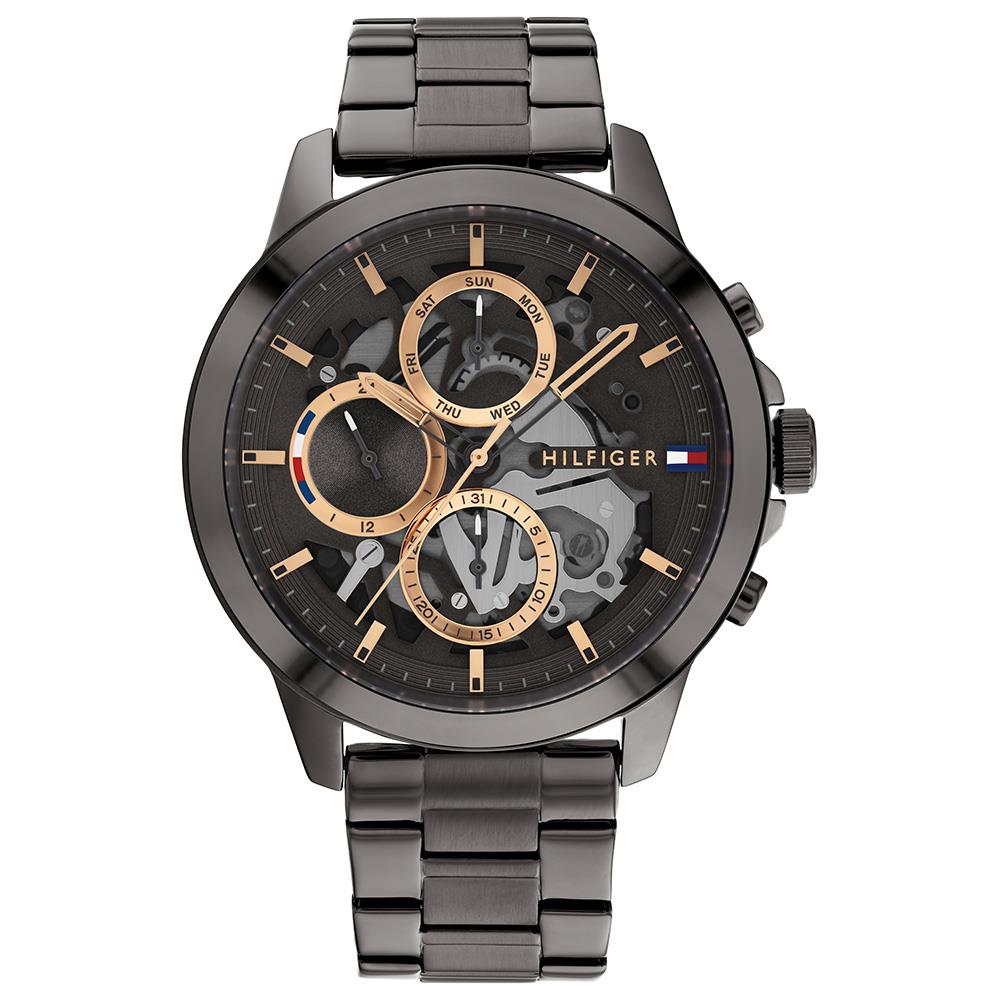 Herrenuhr mit skelettiertem Zifferblatt, Gunmetal