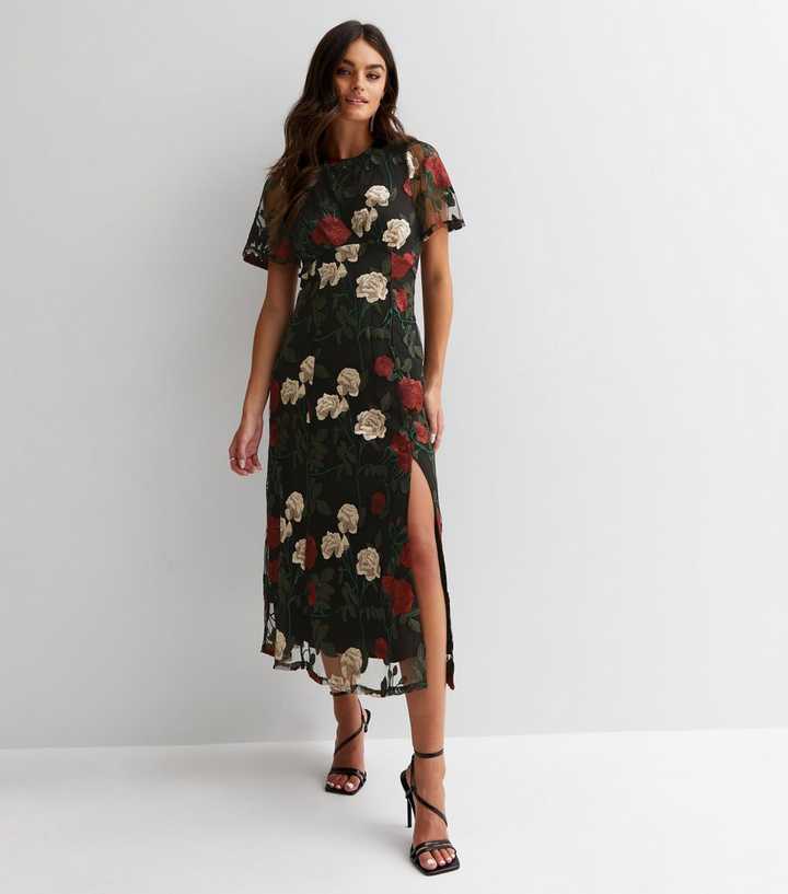 Blumengesticktes Midi-Kleid für Anlässe