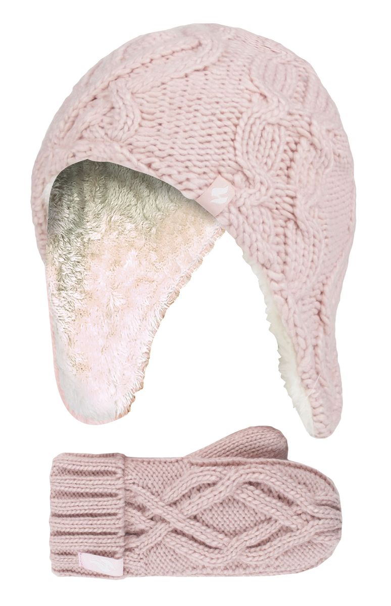 Wärmehalter - Mädchen Majestic Soft Cosy Kabel gestrickt Design Bobble Trapper Hut und Handschuhe Handschuhe Set - Dusky Pink