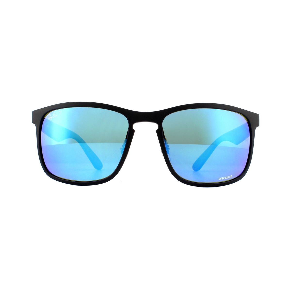 Schwarze, eckige Sonnenbrille mit blauen Chromance-Gläsern