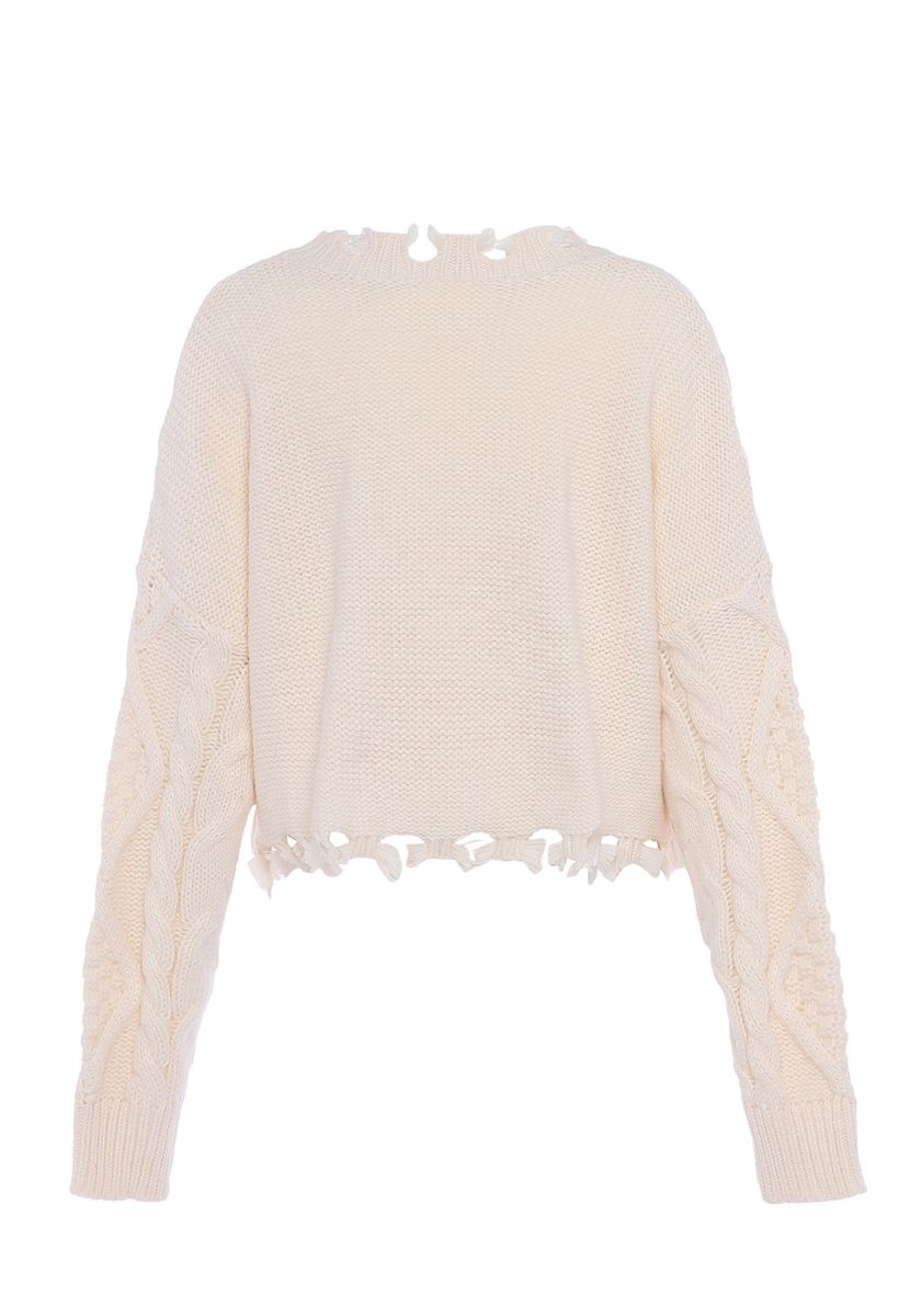 Distressed Zopfstrick-Crop-Pullover
