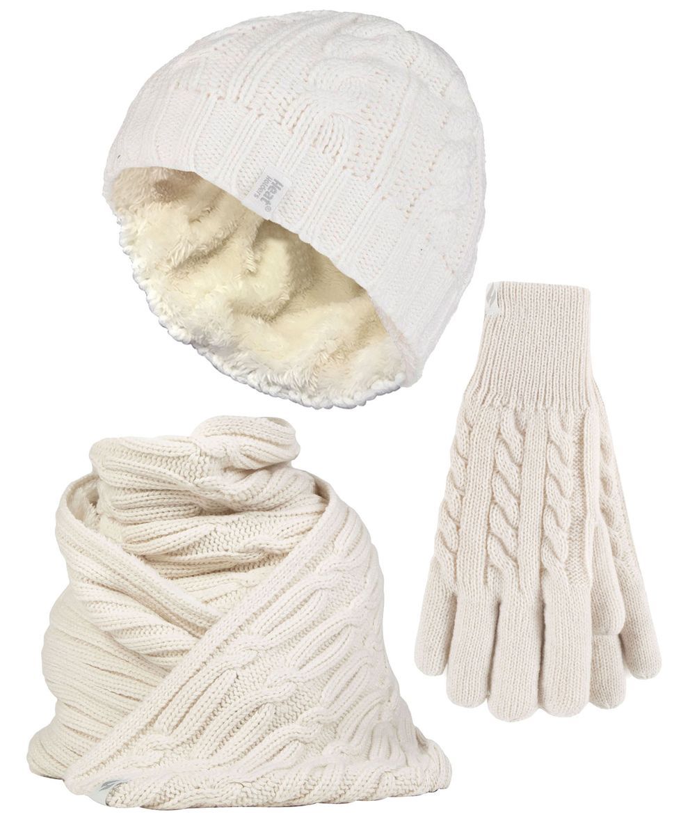 Damen-Set aus Strickmütze, Schal und Handschuhen | Wärmehalter | Mit Fleece gefüttertes Damen-Thermoset für kaltes Wetter für den Winter, Creme