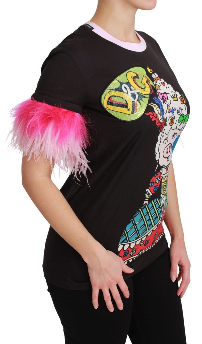 Grafik-T-Shirt mit Federbesatz und Schweinchen