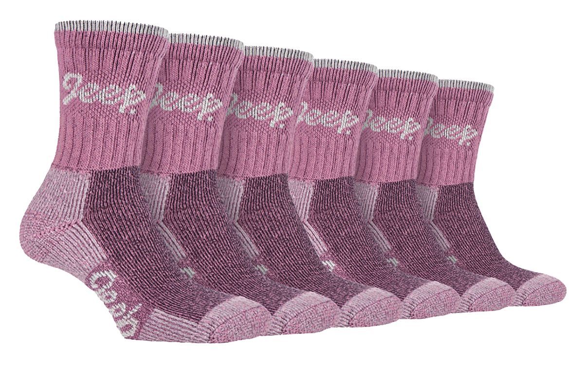 JEEP 6 Paar Multipack Damen Baumwolle atmungsaktive gepolsterte Wandersocken | Gepolsterte Anti-Blister-Crew-Trekkingsocken für Damen Rose / Creme