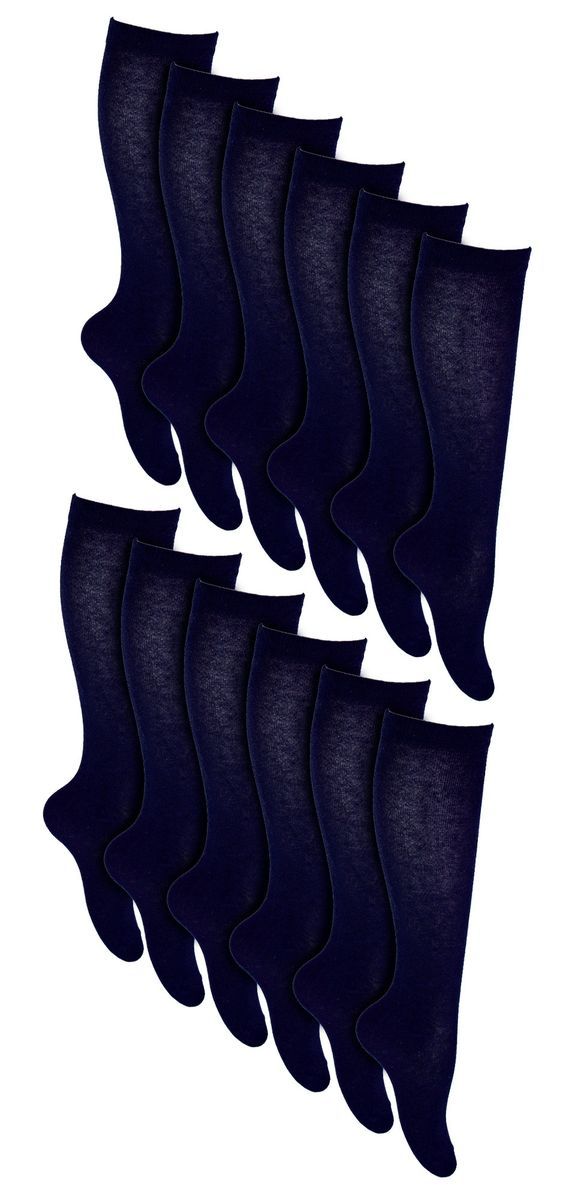 12 Paar Multipack Mädchen Kniestrümpfe | Atmungsaktive lange Baumwolle Schule Socken | Farboption - Grau, Schwarz, Weiß, Blau - Blau