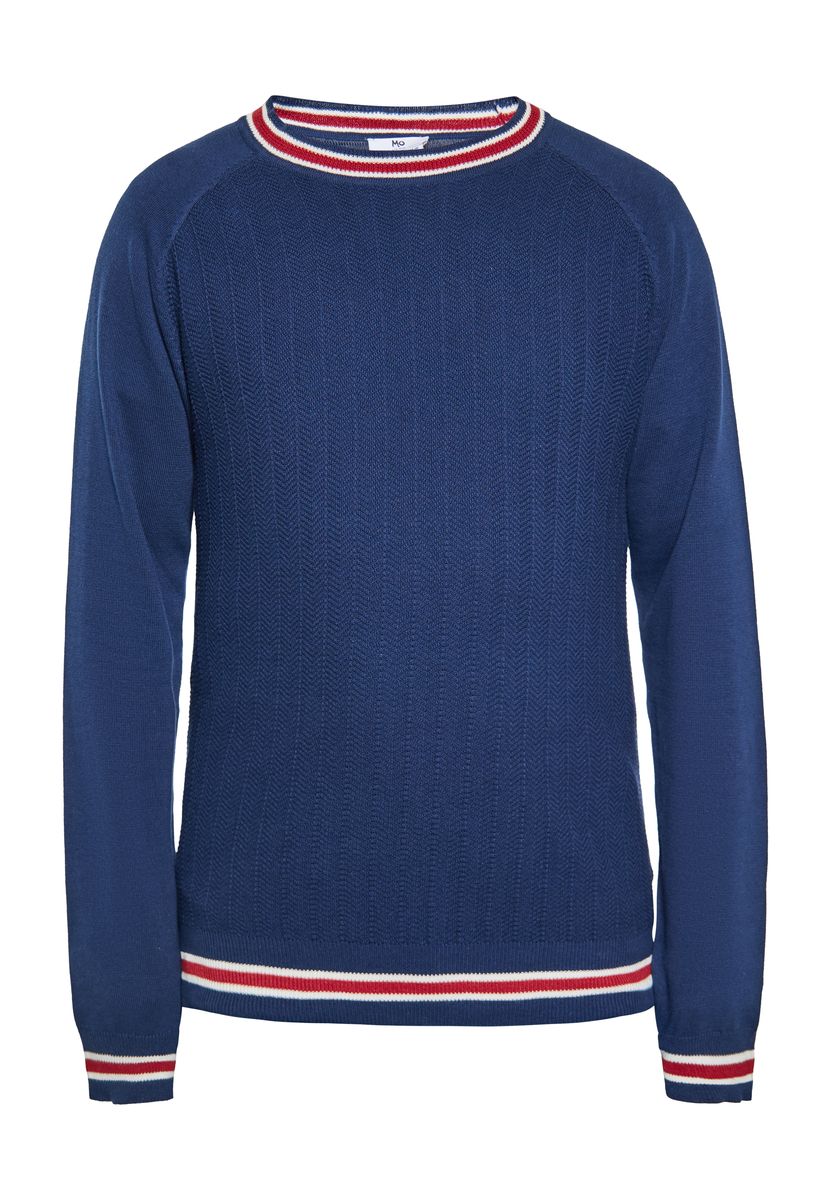Marineblauer Strickpullover mit Kontrastbesatz