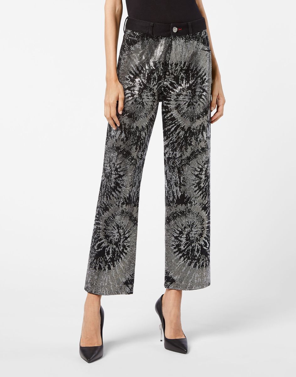 Schlaghose mit Batikmuster und Strass