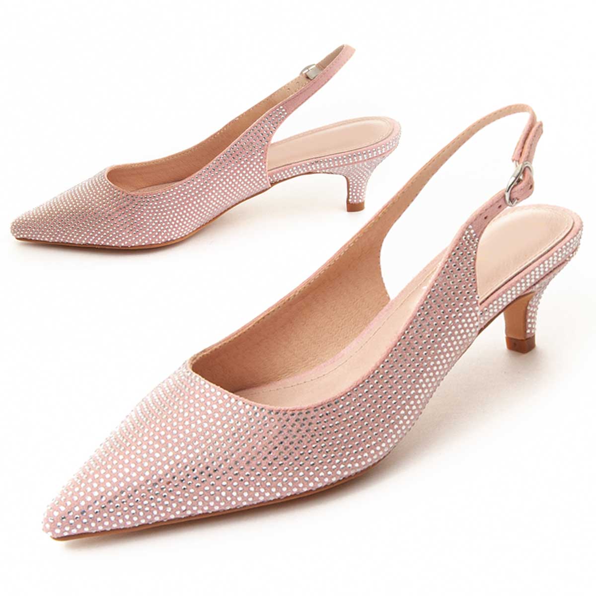 Pink Slingpumps mit Strass und Kitten-Absatz