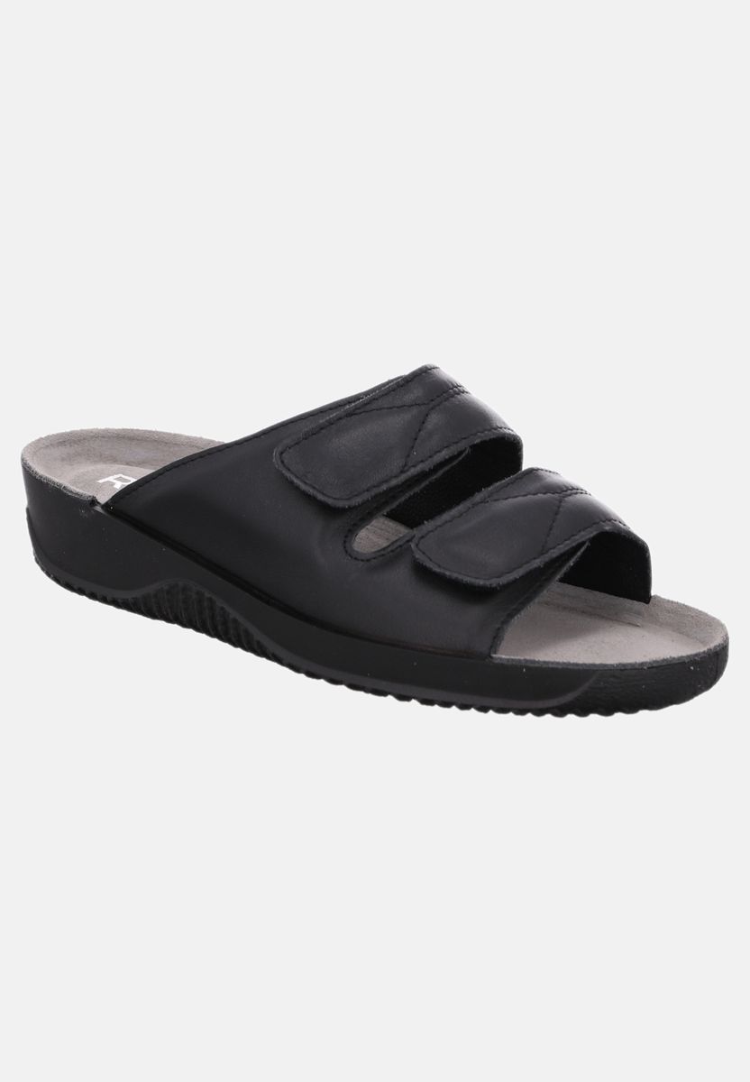 Schwarze Leder Komfort Pantolette mit Klettverschluss