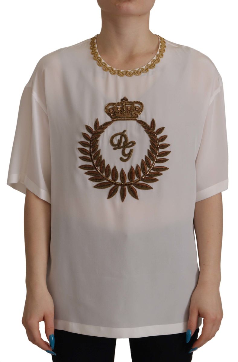 Dolce & Gabbana Weiße Seiden-Gold DG Krone Kristallbluse Damenoberteil