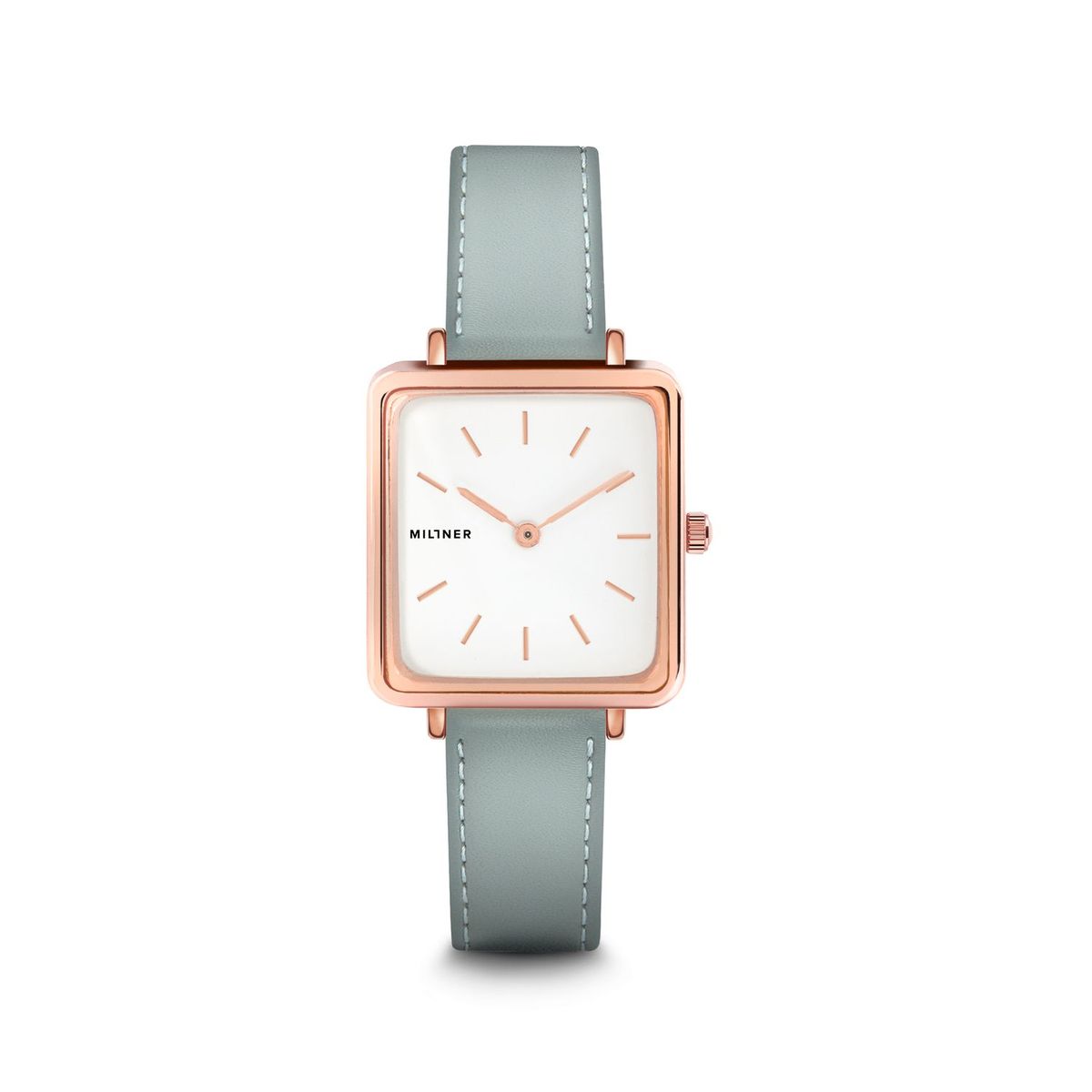 Quadratische Roségold-Uhr mit blauem Armband