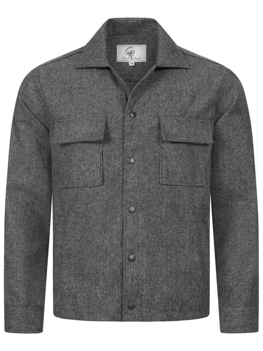 Graue Overshirt Jacke aus Fischgrat-Wollmischung
