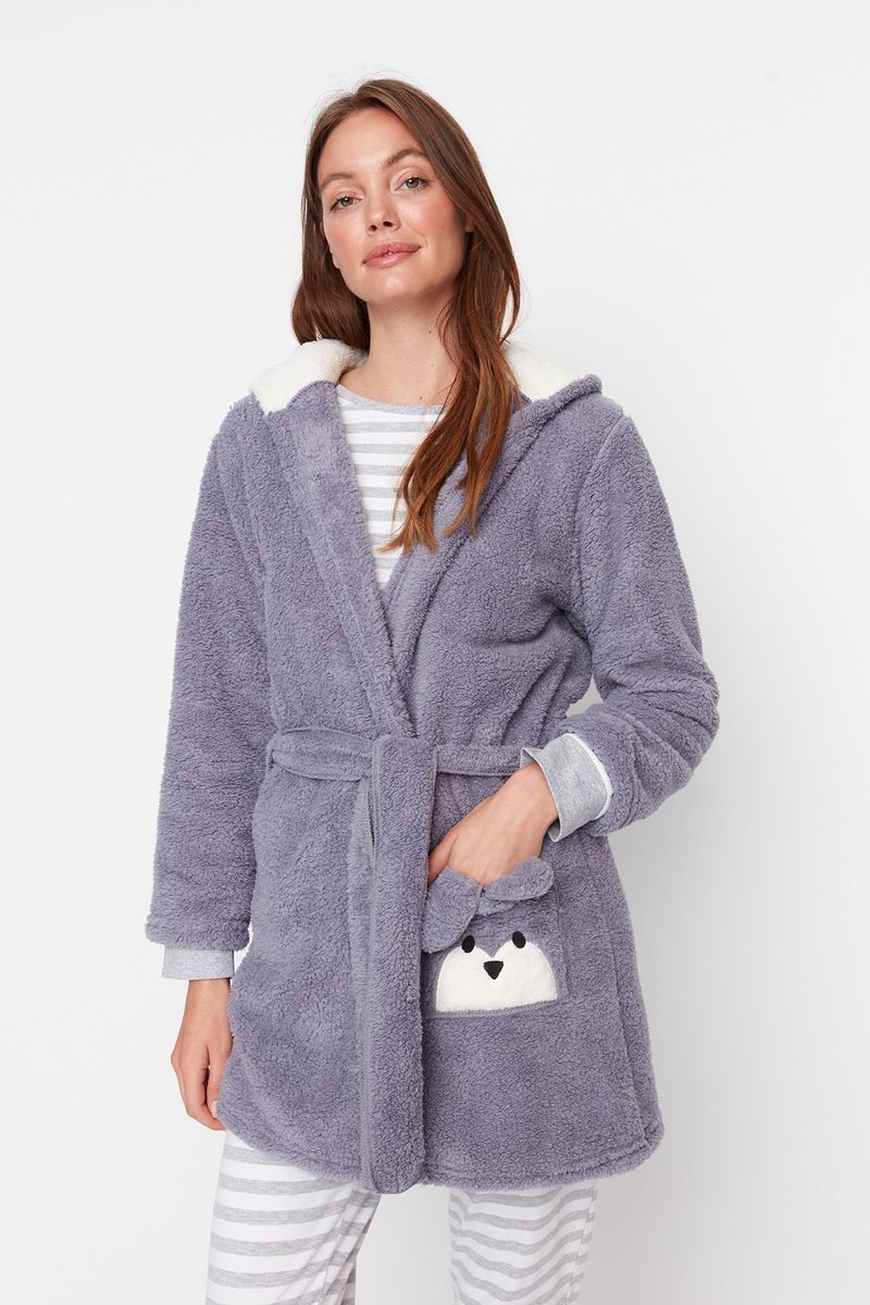 Fleece-Bademantel mit Kapuze und Tier-Tasche