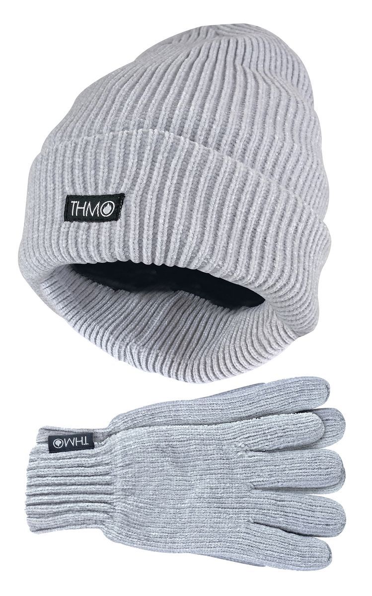 Damen Thinsulate Mütze und Handschuhe Set | THMO | Weiche Chenille gerippte Beanie Mütze & Handschuhe für Frauen - Grau