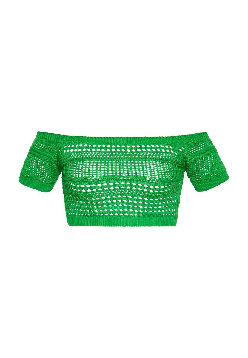 Grünes schulterfreies Häkel-Crop-Top