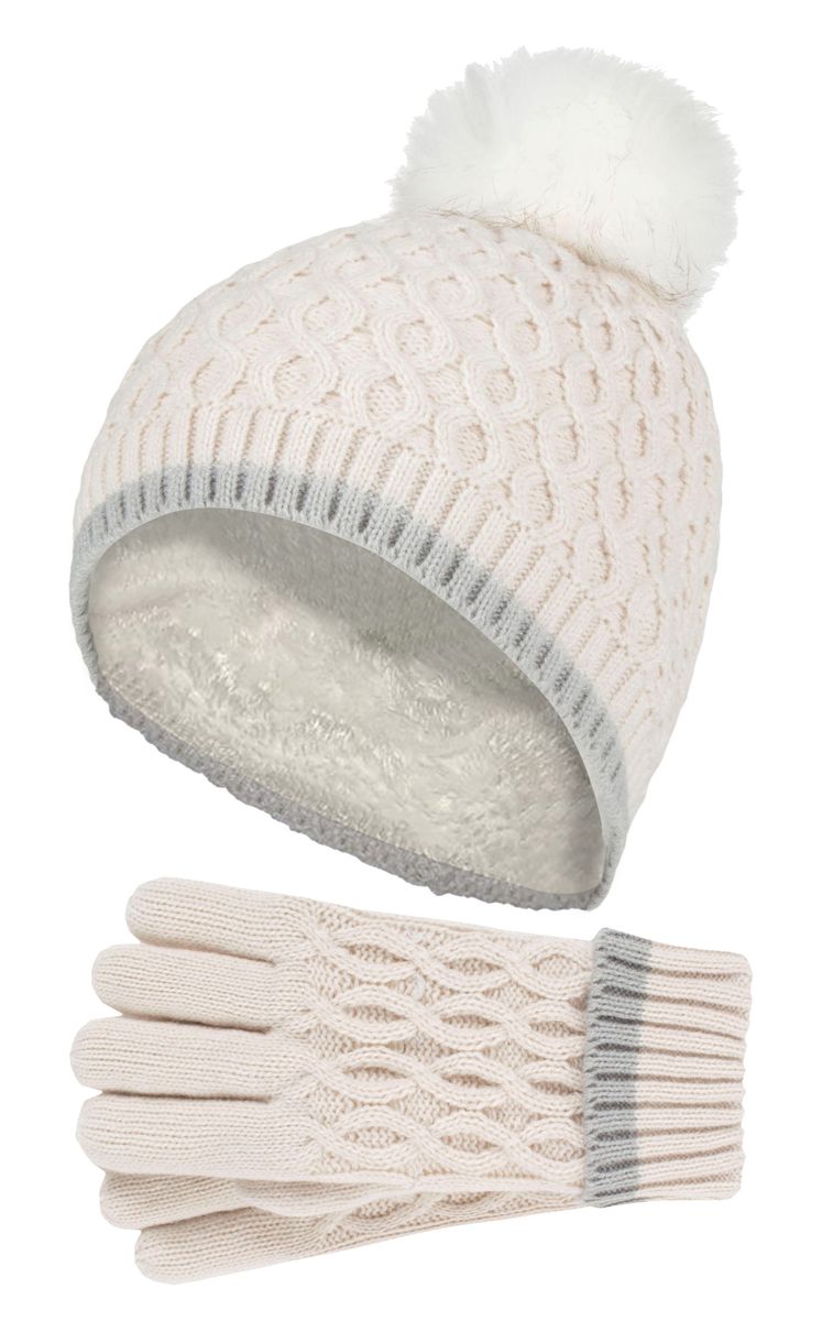Wärmehalter - Thermoisolierte Pom Pom Bommelmütze und Handschuhe für Mädchen | bunte Pastellfarben - Buttercreme