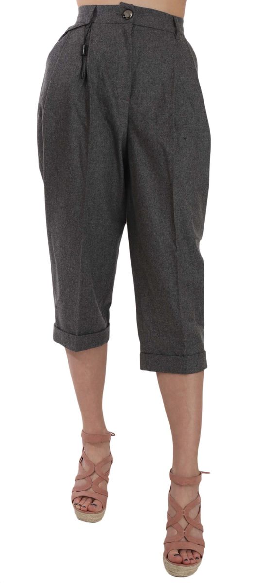 Graue, plissierte, verkürzte Wollhose