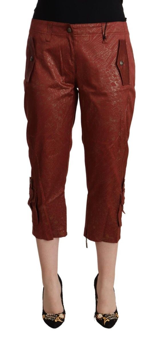 Just Cavalli Damen Braune Lurex Mid-Waist Baumwoll-Cropped Capri-Hose