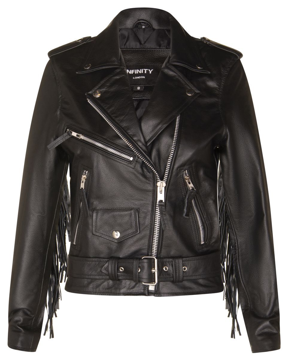 Schwarze Bikerjacke aus Leder mit Fransen
