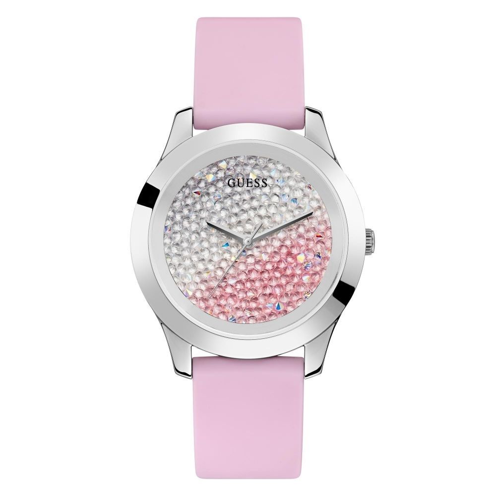 Silberfarbene Uhr mit rosa Silikonarmband