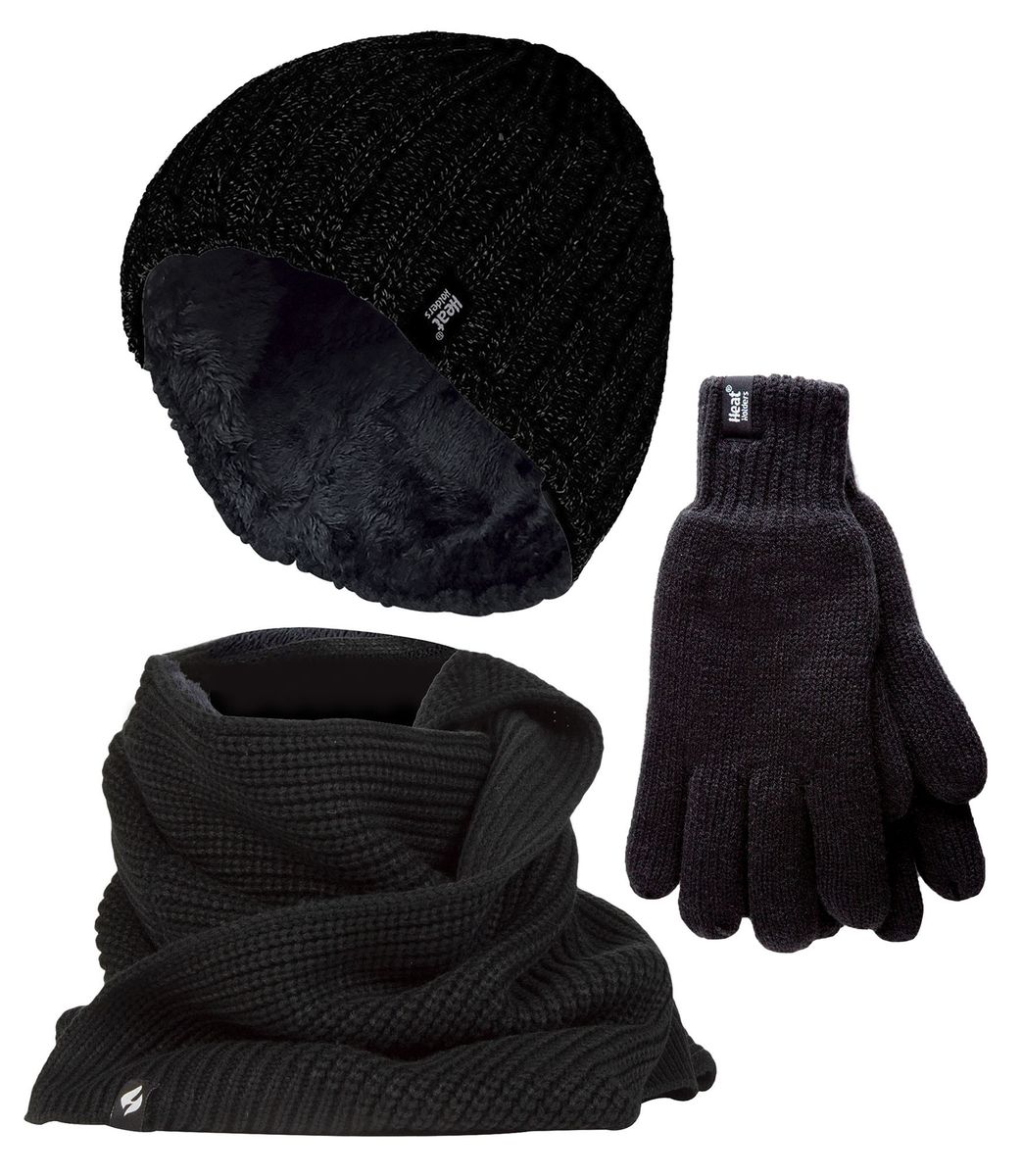 Herren Strickmütze Mütze Schal Handschuhe Set | Wärmehalter | Luxus weiches Fleece gefüttert Winter Set für kaltes Wetter - Schwarz
