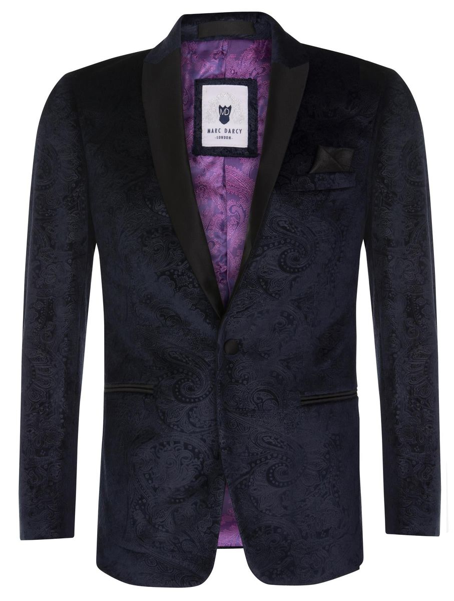 Marineblauer Paisley Samt Smoking-Blazer für Herren