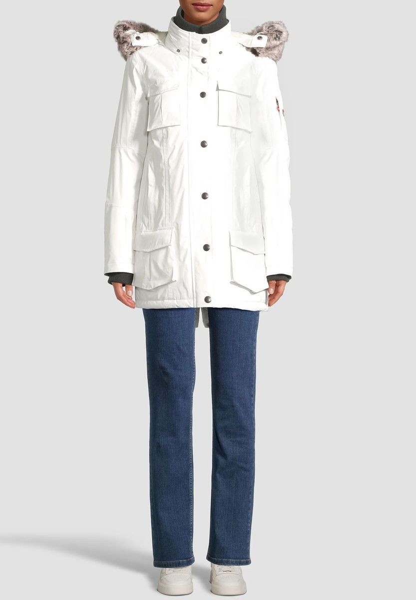 Weißer Winterparka mit Fellkapuze