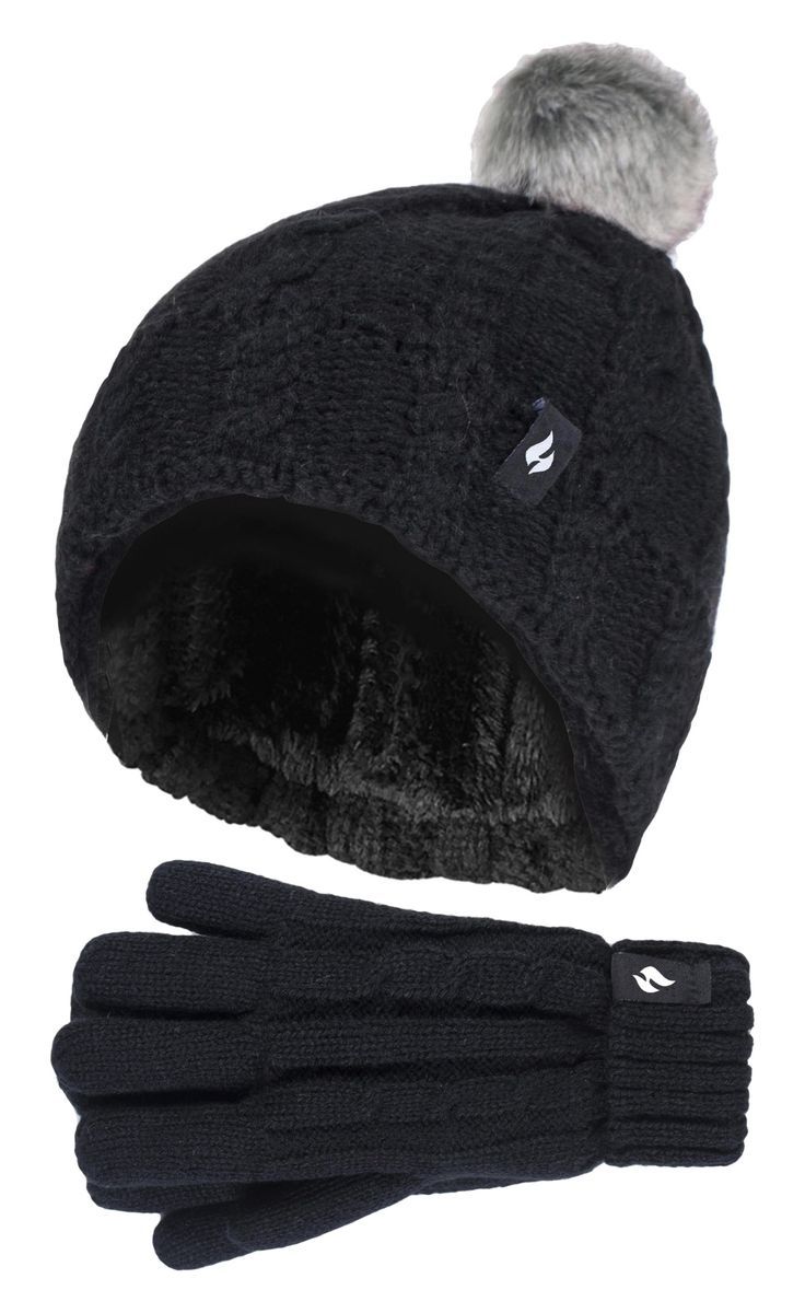 Wärmehalter - Girls Bobble Pom Pom Hat and Gloves Set | Turn Over Cuff Hat & Cable Knit Gloves Style - Schwarz