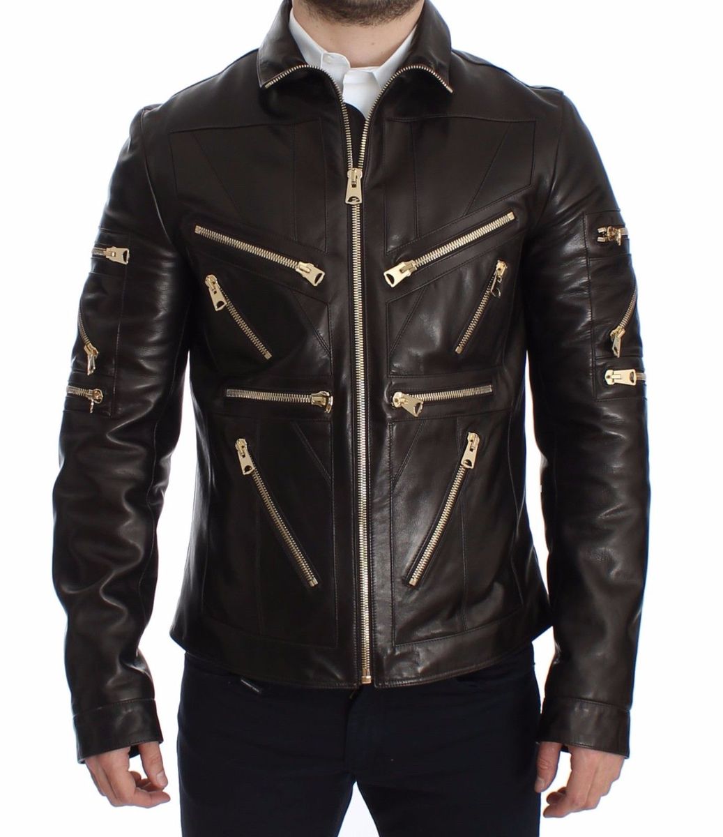 Dolce & Gabbana - Veste à fermeture éclair en cuir d'agneau marron pour homme