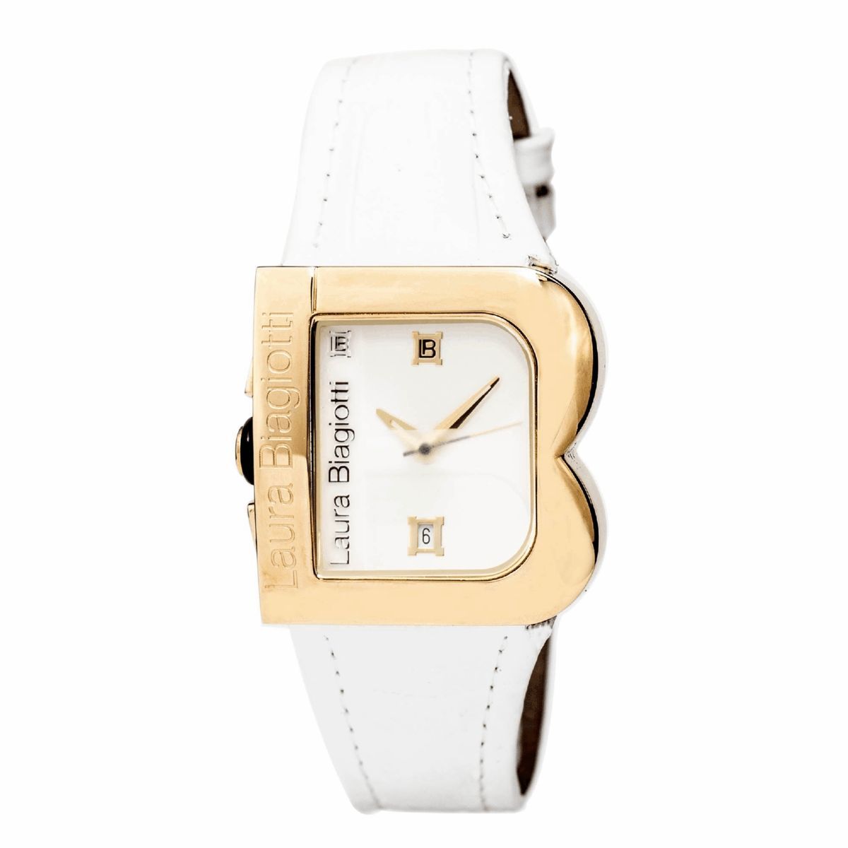 Goldfarbene Uhr mit weißem Lederarmband