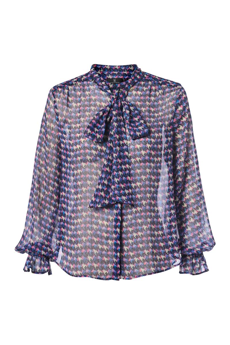 Transparente Hahnentrittbluse mit Bindekragen