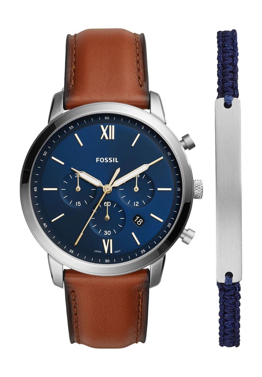 Klassische braune Lederuhr mit blauem Zifferblatt