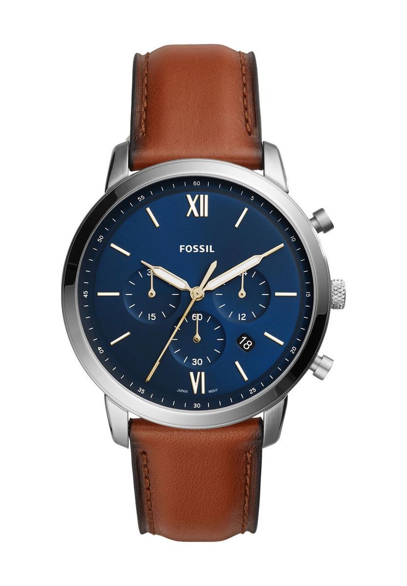 Klassische braune Lederuhr mit blauem Zifferblatt