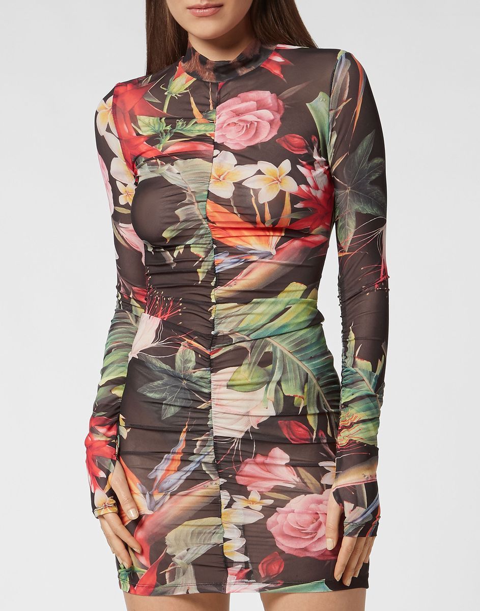 Blumenmuster Langarm Minikleid