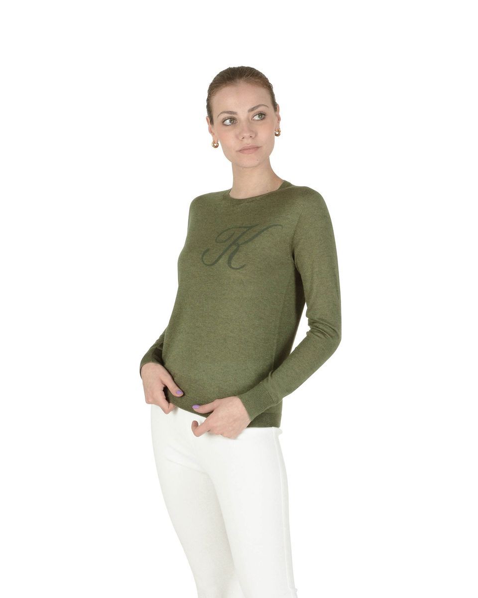 Grüner Kaschmir-Seiden Strickpullover mit Buchstaben