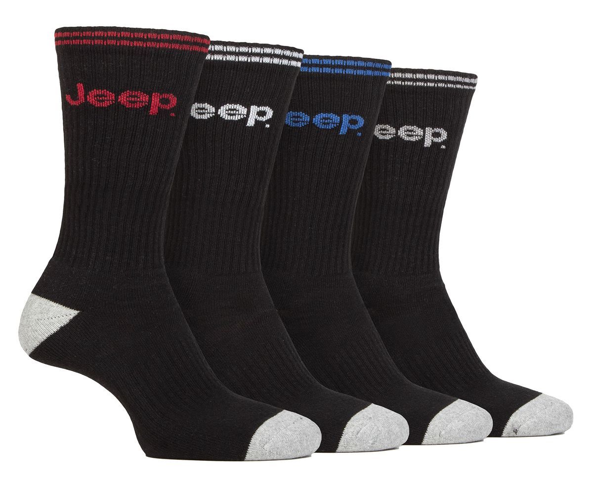 Herren Sport Crew Socken | Jeep | 4er Pack Baumwolle Laufsocken mit verstärkter Ferse und Spitze - Schwarz