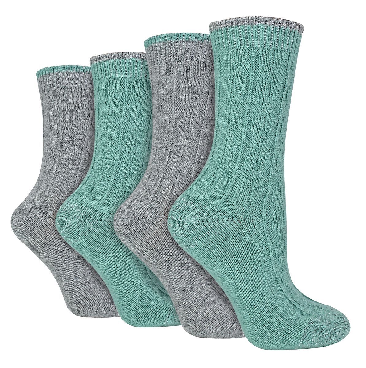 4er Pack Damen Kabelstrick Socken | Wildfeet | Lurex Glitzer Socken für Frauen - Grau/Grün