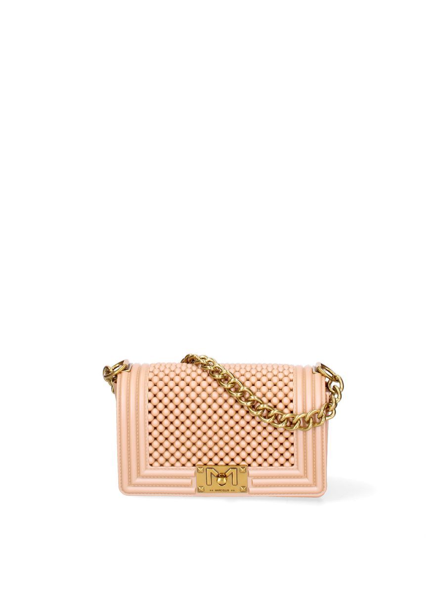 Aprikosenfarbene gesteppte Schultertasche mit Kette