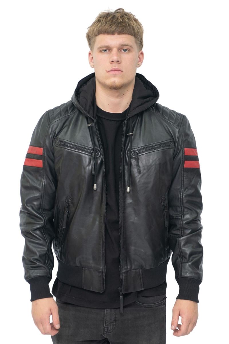 Herren Retro Leder Bomberjacke mit Kapuze